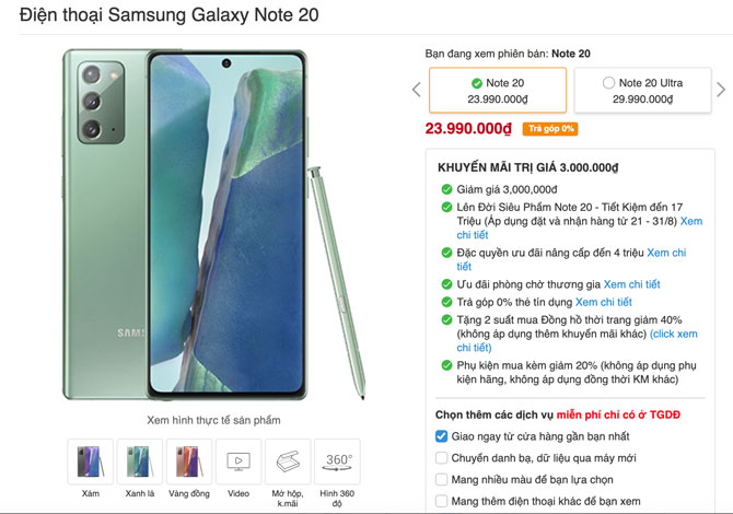 Galaxy Note 20 giá, Galaxy Note 20 tgdd